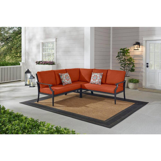 Hampton Bay Braxton Park 3-Piece Black Steel Outdoor Patio Sectional Sofa with CushionGuard Quarry Red Cushions OVI3_L7KFO19