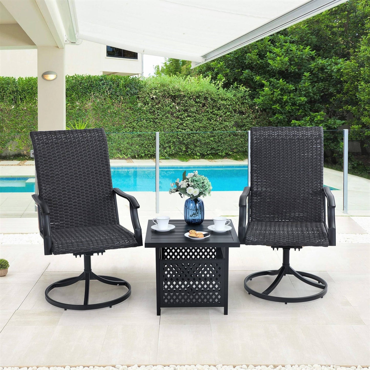 Sophia  William 3-Piece Patio Outdoor Bistro Set, 2 Rattan Swivel Chairs and 1 Metal Table with Umbrella Hole - Black+ Brow OIU7_W2EBF91