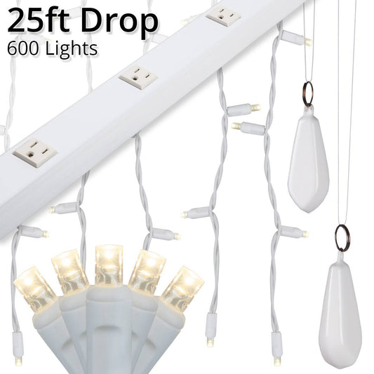 LED Curtain Lights, 25 Drops, Warm White 5mm Lights, White Wire EOR8_W6GAL66