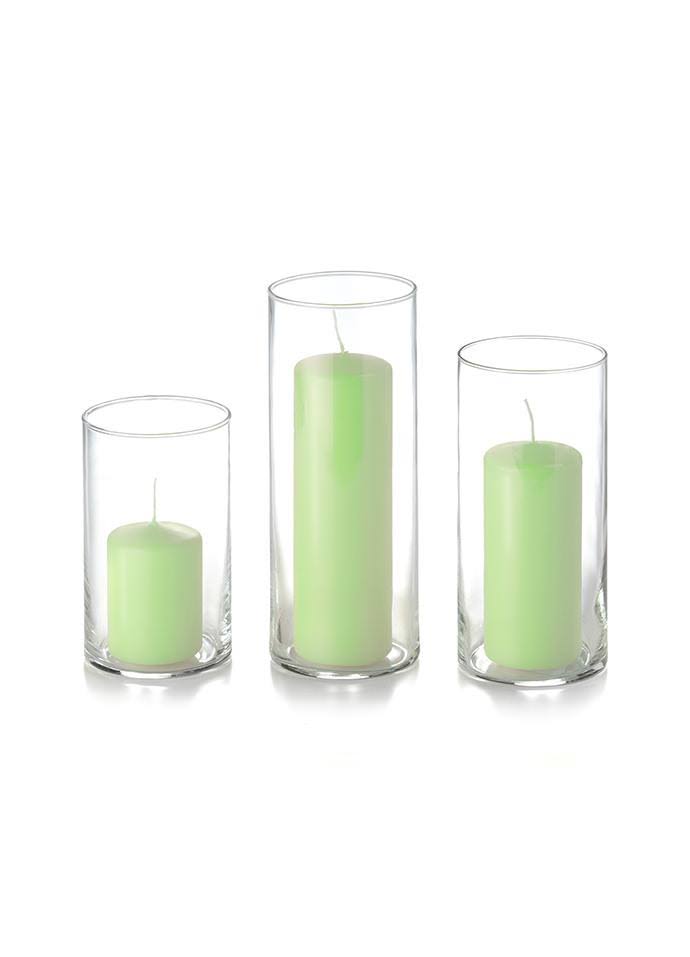 Set of 36 -Slim Pillar Candles and Cylinder Vases, Mint DHG0_E6RPE76