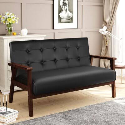 Modern Solid PU Leather 2-Seat Upholstered Loveseat Sofa in , Black Faux Leather George Oliver TQP0_B0PYE90