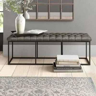 Thrapst Faux Leather Metal Bench with Button Tufting - Gray Greyleigh ZYR0_D3NTF35