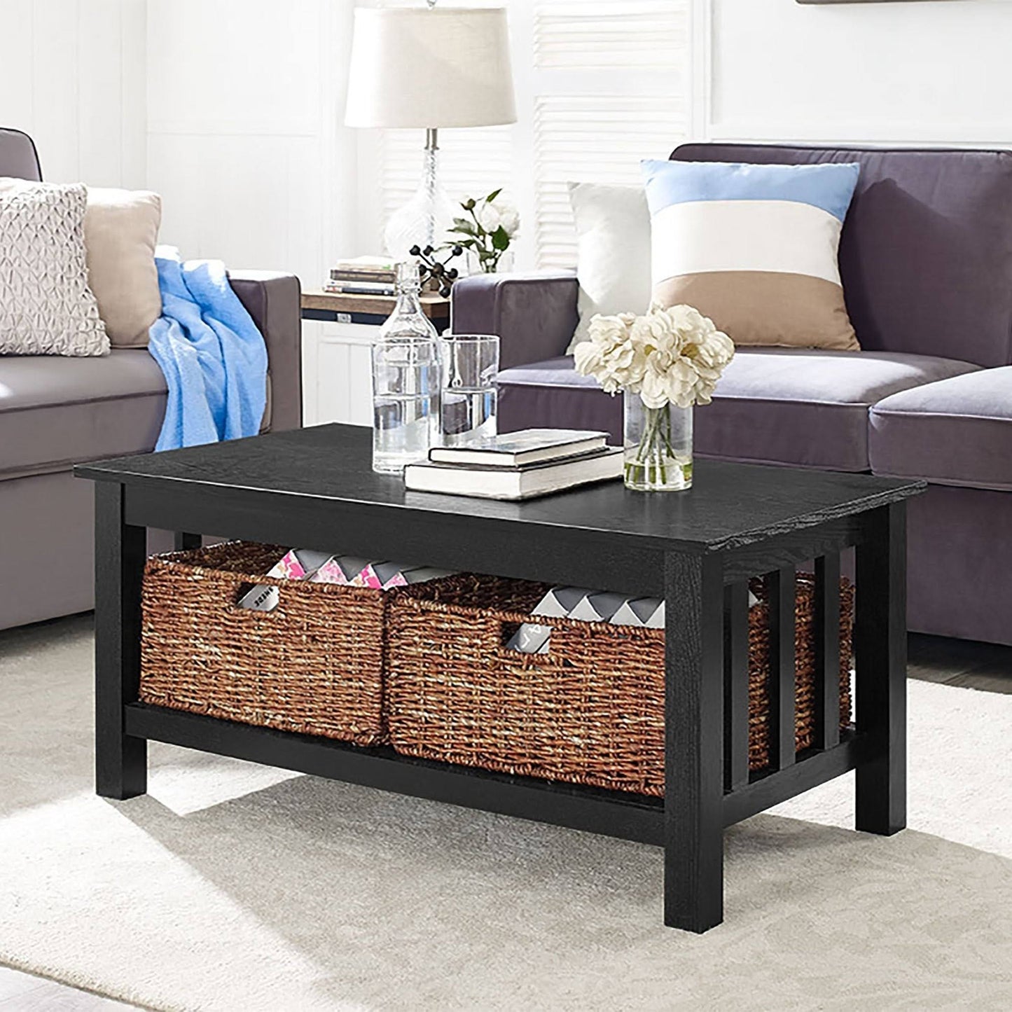 40-Inch Coffee Table with Wicker Storage Baskets - Black WAV2_S5ADF40