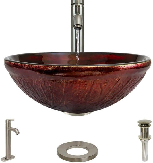 Rene R5-5018-R9-7001 16-1/2x22 Glass Vessel Bathroom Sink with Vessel Faucet Sink Red Lava / Brushed ATQ3_S9SUS18