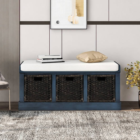 Phoebecat Storage Bench with 3 Removable Fabric Basket and Removable Cushion - MDF - Wood - Antique Navy KPG7_E2APE04