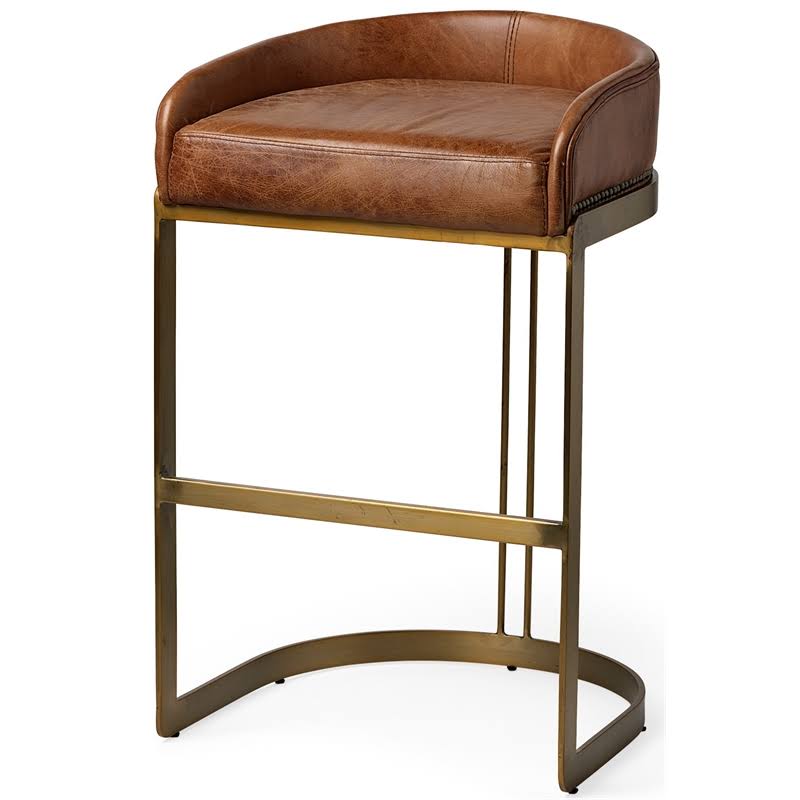 Maklaine 32.8x22 Total Height Brown Leather Seat Gold Metal Base Stool ULY8_L0GMZ44