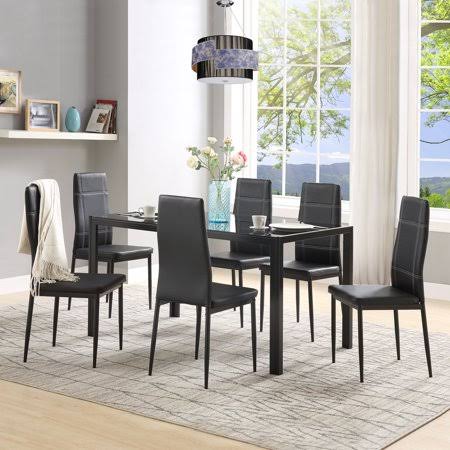 Kitchen Dining Table Set, 7 Piece Modern Dining Room Table and Chair, Kitchen Tables and Chairs Glass Table Top with 6 Leather C JKJ9_F6VVV99