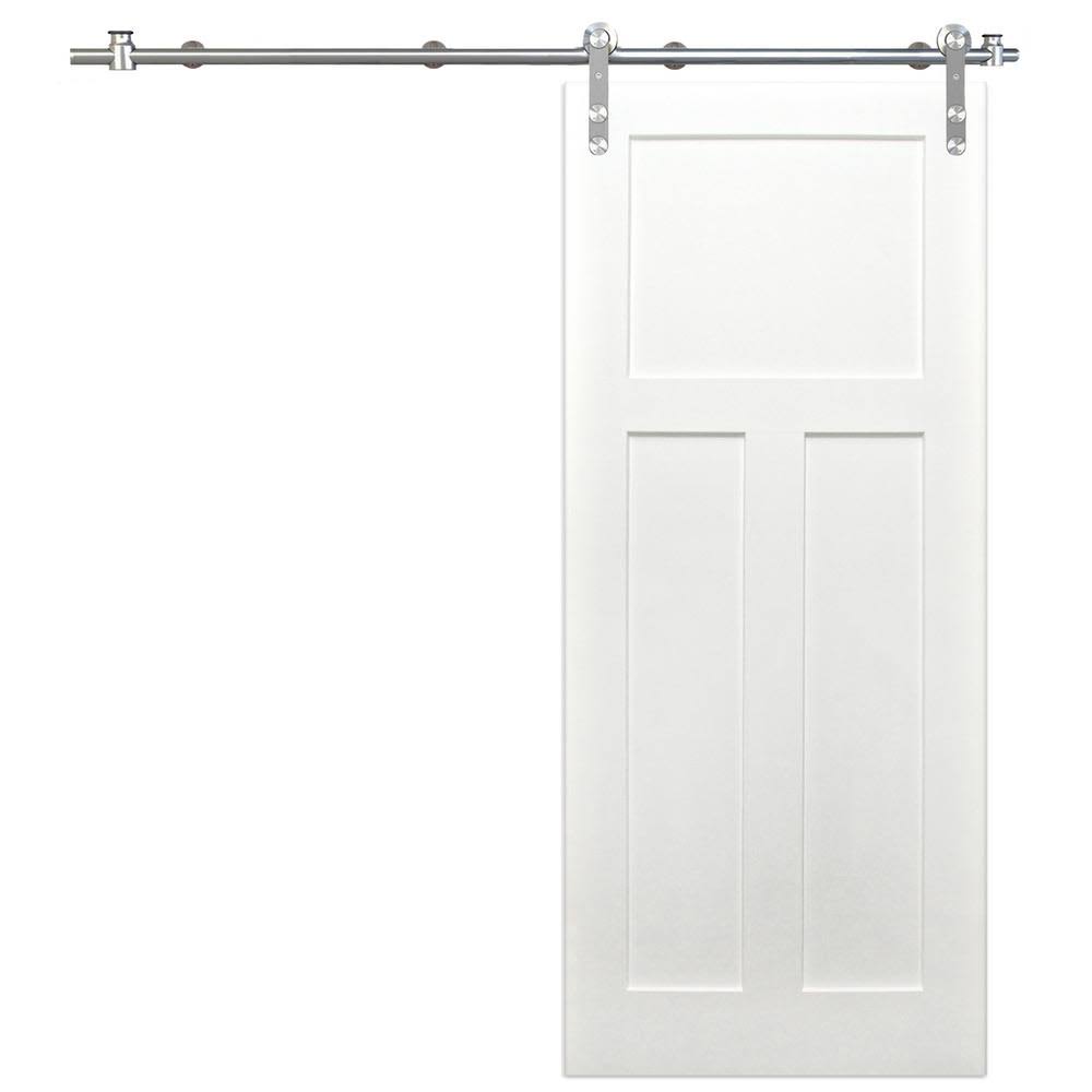 Pacific Entries 36 in. x 80 in. Shaker 3-Panel Primed Pine Interior Sliding Barn Door with Round Stainless Steel Hardware Kit, W ASQ3_E3ZWY56