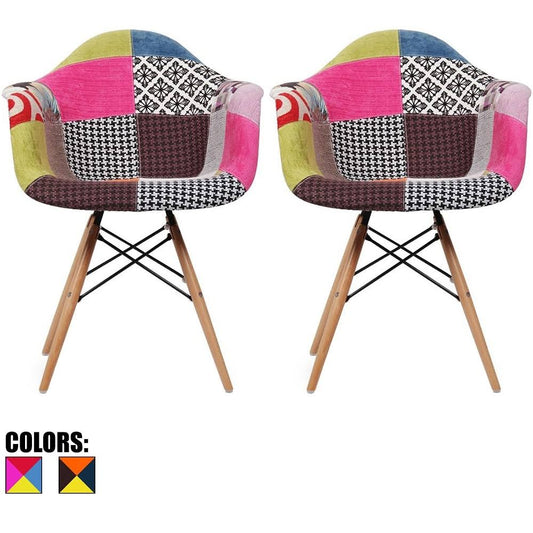 Set of 2 Multi Color Modern Upholstered Fabric Multi-Pattern Patchwork Chair Light Natural Eiffel Wood Leg Dining Room - Fabric  EYO9_T1YTU04