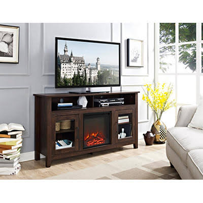 W. Trends 58x22 Transitional Glass Door Fireplace Tall TV Stand for Most TVs Up to 65x22 - Brown ZLK7_G3ESP85