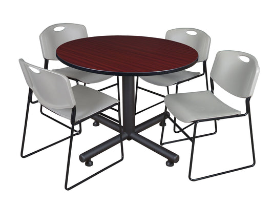 Regency Kobe 48x22 Round Breakroom Table- Mahogany  4 Zeng Stack Chairs- Grey BLE7_B5HDB10