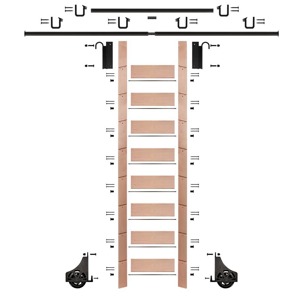 E-Glide 107 in. Clear Pre-Finished Red Oak Library Ladder Black Sliding Hook Ladder Kit with 12 ft. Rail | EG.300-107RO-12.08-P BAR7_I3NKM50