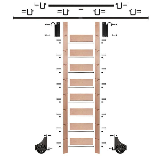 E-Glide 107 in. Clear Pre-Finished Red Oak Library Ladder Black Sliding Hook Ladder Kit with 12 ft. Rail | EG.300-107RO-12.08-P BAR7_I3NKM50