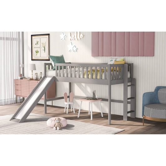 Nestfair Twin Size Low Loft Bed with Ladder and Slide - Grey LQW5_O7DEE59