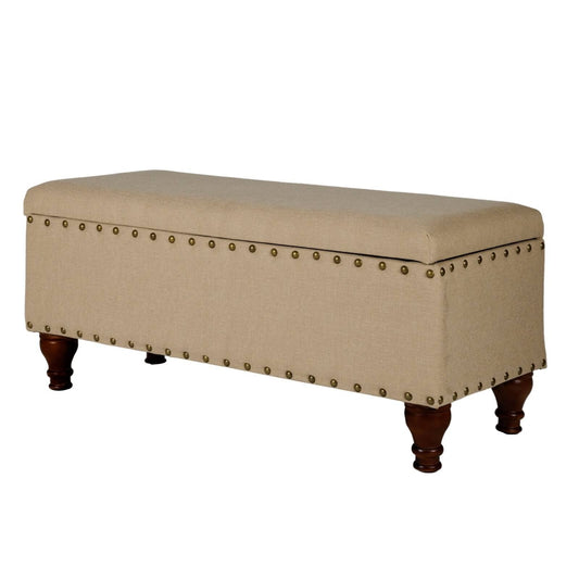 Fabric Upholstered Wooden Storage Bench with Nail Head Trim, Large, Tan Brown - 18 H x 42 W x 18 L Inches OVV0_D9DYA35