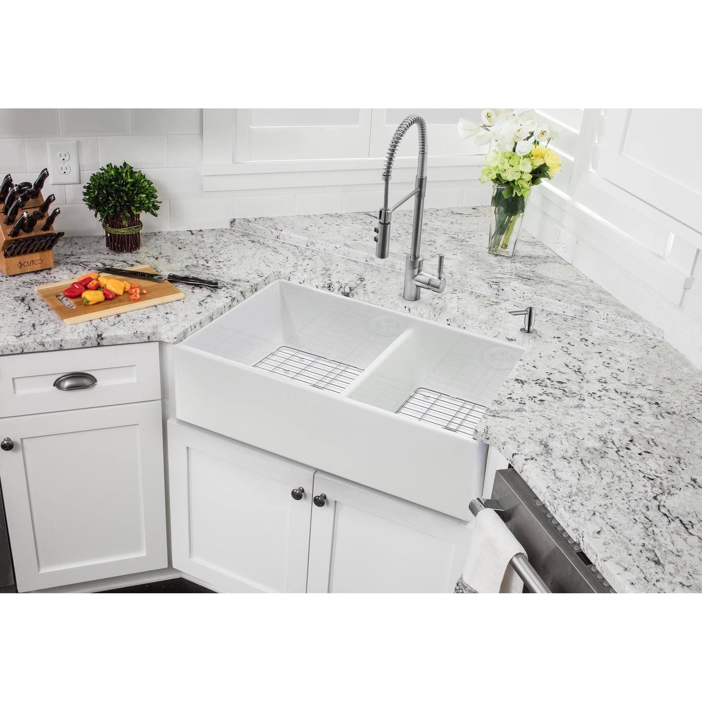 Soleil SSFC60PLNP Fireclay 33x22 L x 18x22 W Double Basin Apron Kitchen Sink with Basket STRAINER ILR0_L3YHX84