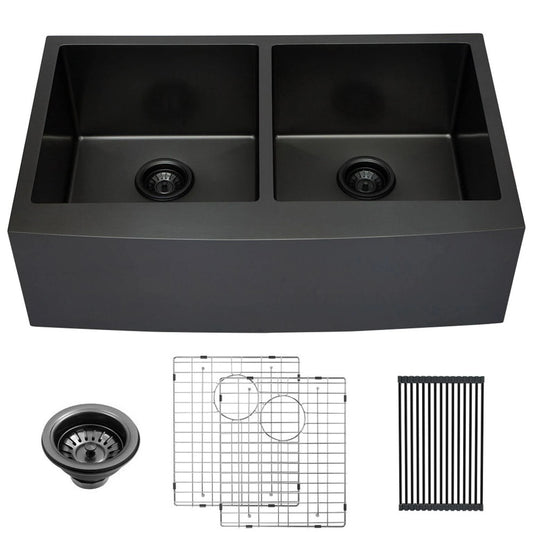 Lordear Stainless Steel 33 in. Double Bowl Farmhouse Apron Front Kitchen Sink Gunmetal Black 50/50 16-Gauge Farm Sink - 33x22 x  KEX4_B0BLU43