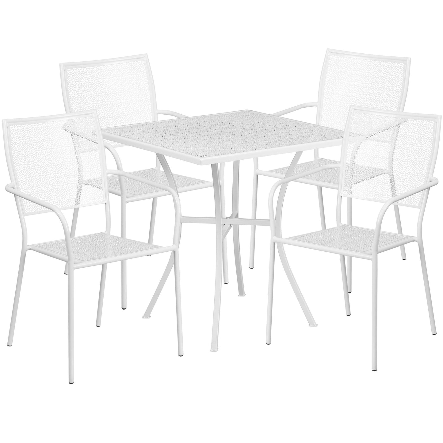 28&& Square White Indoor-Outdoor Steel Patio Table Set with 4 Square Back Chairs RMD7_I3NPQ11