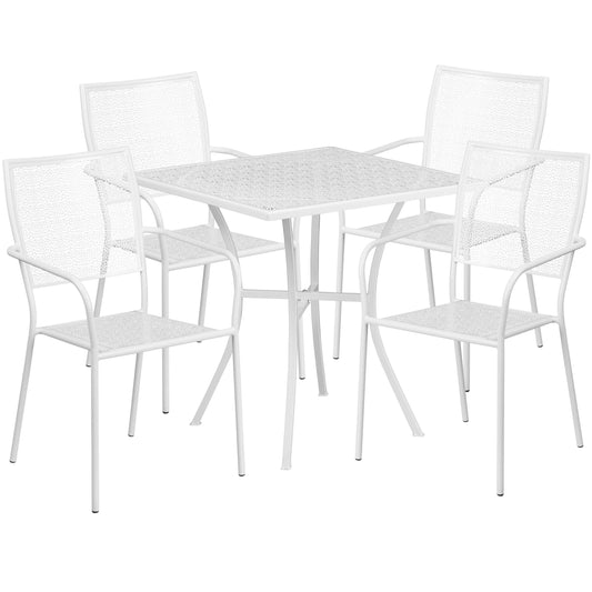 28&& Square White Indoor-Outdoor Steel Patio Table Set with 4 Square Back Chairs RMD7_I3NPQ11