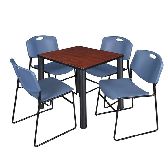 Kee 30x22 Square Breakroom Table- Cherry/ Black  4 Zeng Stack Chairs- Blue DXX6_E5MMW12