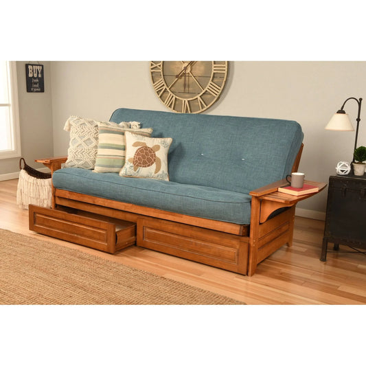 Copper Grove Dixie Honey Oak Full-Size Futon Frame with Innerspring Mattress and Storage Drawers - Linen Aqua YQA9_K8FAS96