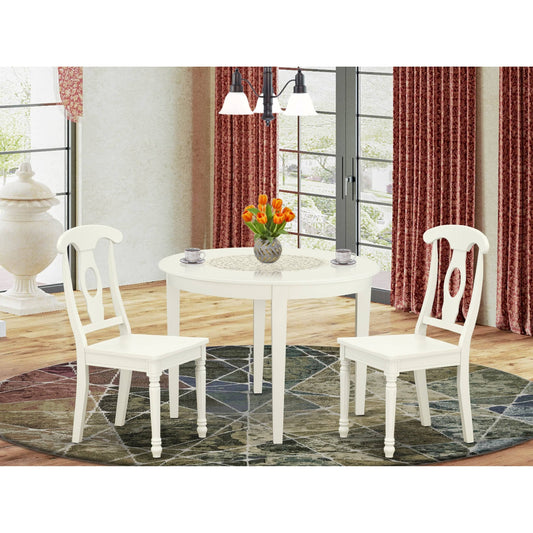 East West Furniture BOKE3-LWH-W 3PC Round 42 inch Table and 2 Panel Back Chairs YED0_K2JYC96