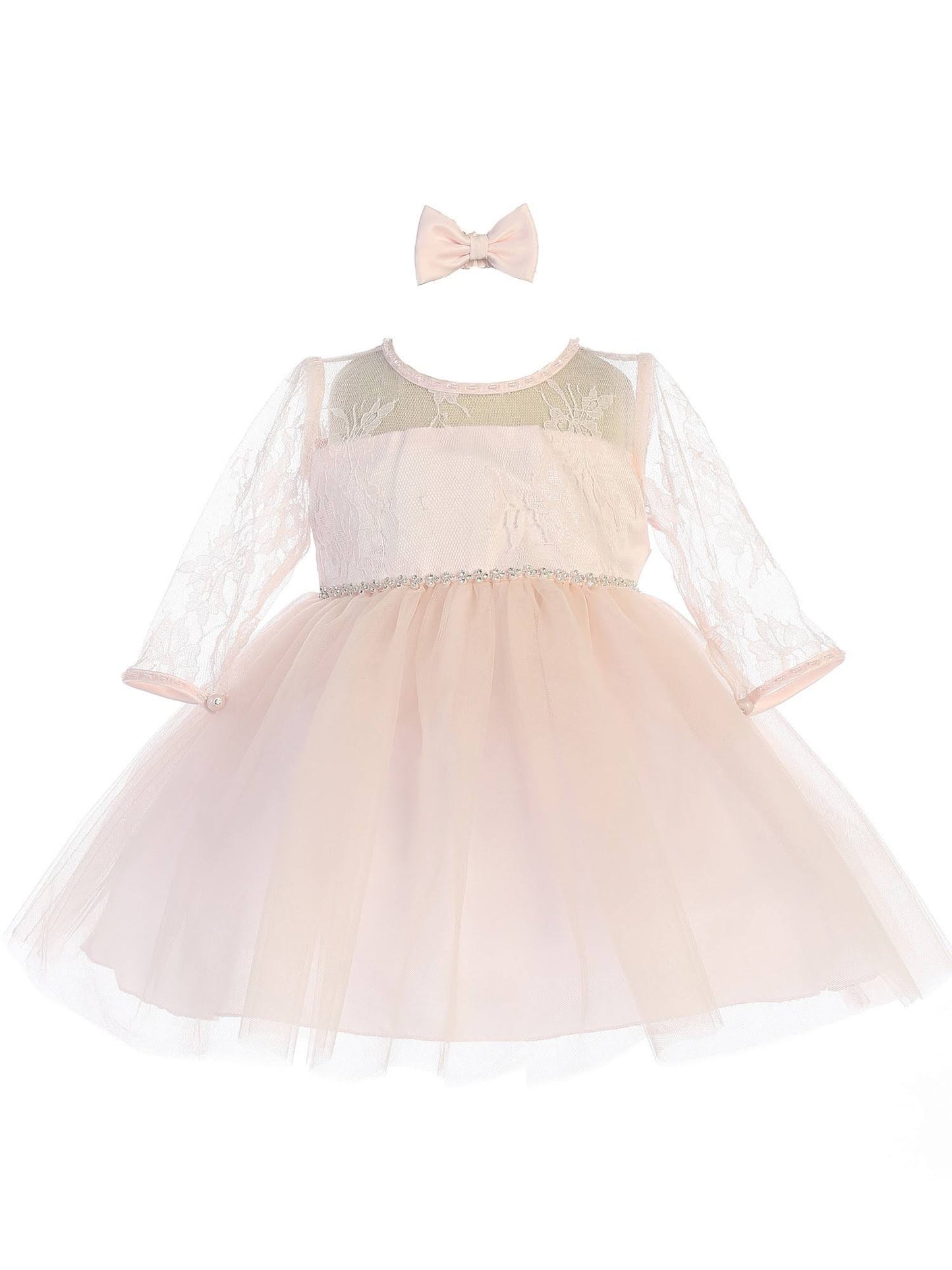 Tip Top Kids Baby Girls Blush Three Quarter Lace Sleeve Tulle Flower Girl Dress, Pink LXK9_E3IMT19