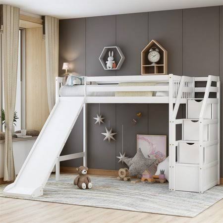 Modernluxe Twin-size Wood Loft Bed with Slide and Storage Stairs, Size: 61.4, White OVW5_D1TPI59