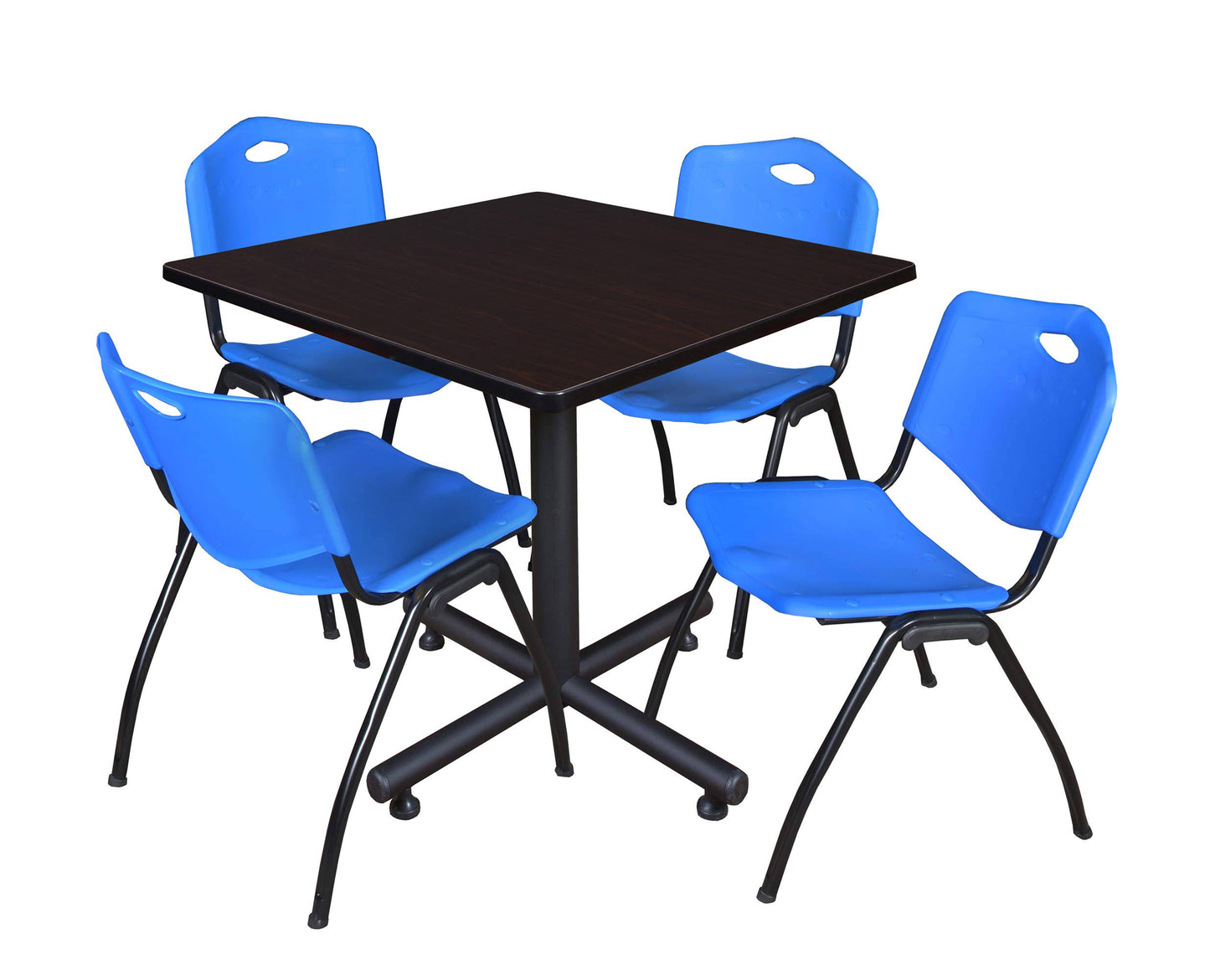 Regency Kobe 42in. Square Breakroom Table- Mocha Walnut  4 &M& Stack Chairs- Blue DZG7_S2XPV13