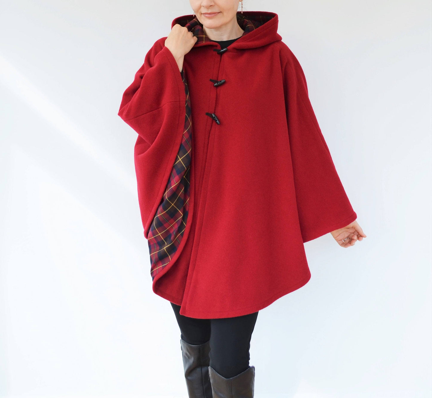 Red Tartan Lined Cape Coat, Wool Hooded Cloak, Red Wool Poncho Jacket WFU0_Q0UGI60