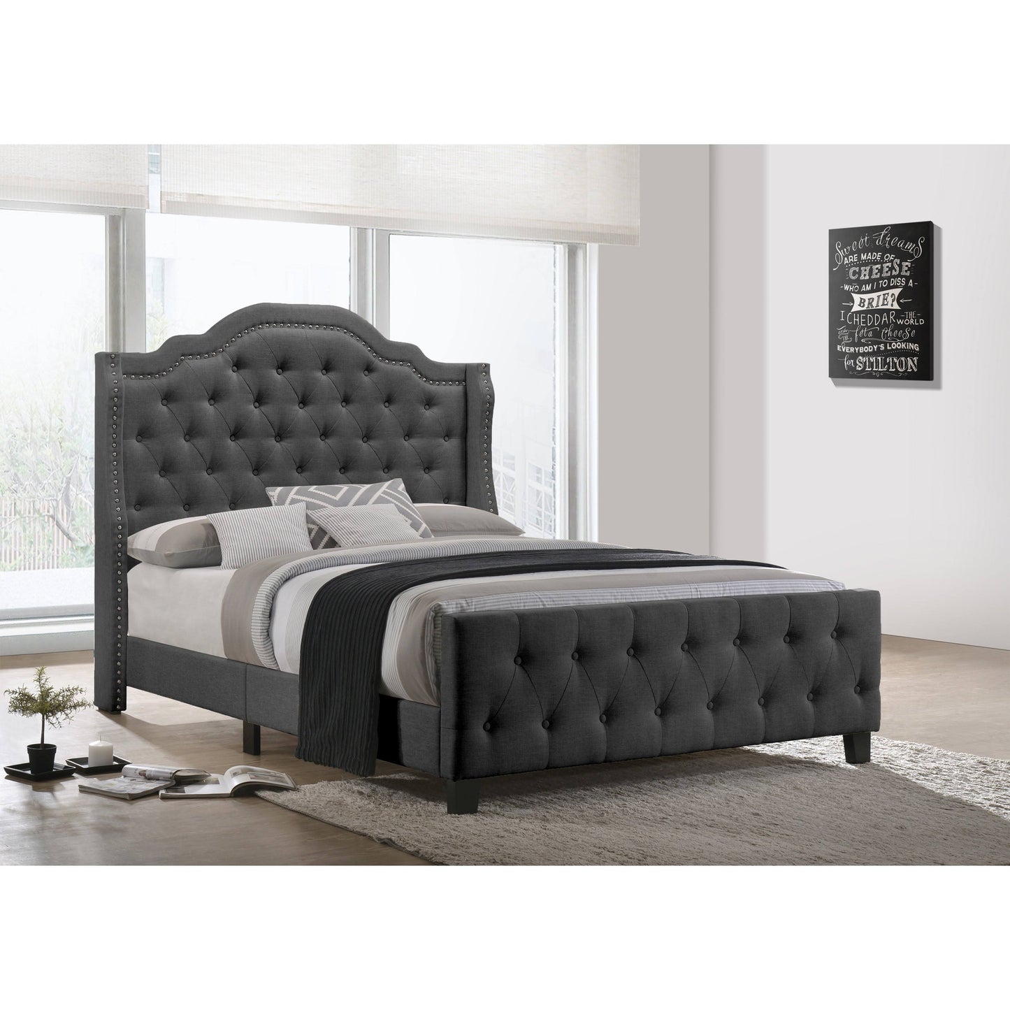 Best Quality Furniture Dark Grey Linen Tufted Panel Bed - Queen IUY2_N7QSQ34