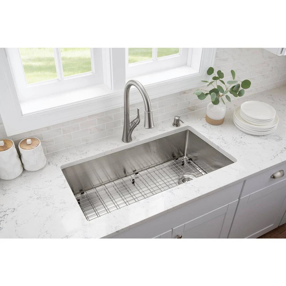 Glacier Bay Brushed Stainless Steel 36 in. 18-Gauge Tight Radius Single Bowl Undermount Kitchen Sink with Grid and STRAINER HJH5_I8QXX83