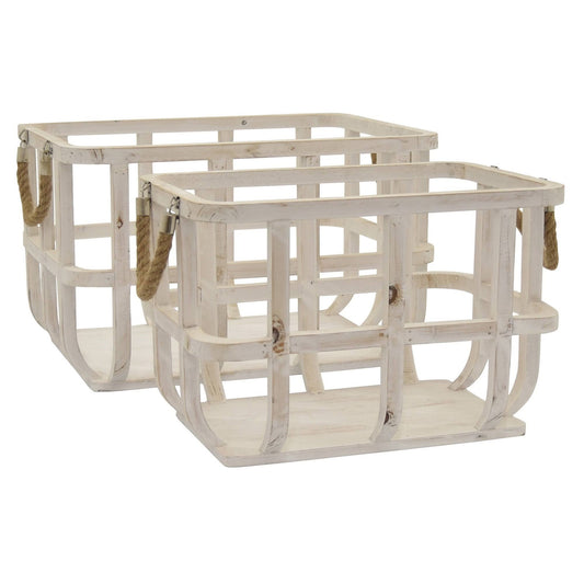 Plutus Brands PBTH93105 Wood Basket White - Set of 2 EYB0_S5AWL42