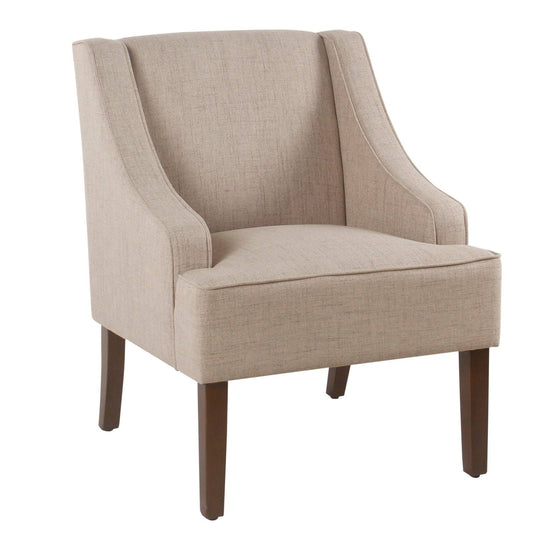 Benzara BM194016 Fabric Upholstered Wooden Accent Chair with Swooping Armrests Beige and Brown NVX3_K1VDA29