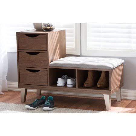 Skyline Decor Arielle Modern and Contemporary Walnut Wood 3-Drawer Shoe Storage Grey Fabric Upholstered Seating Bench with Two O RYR2_Q5XGR63