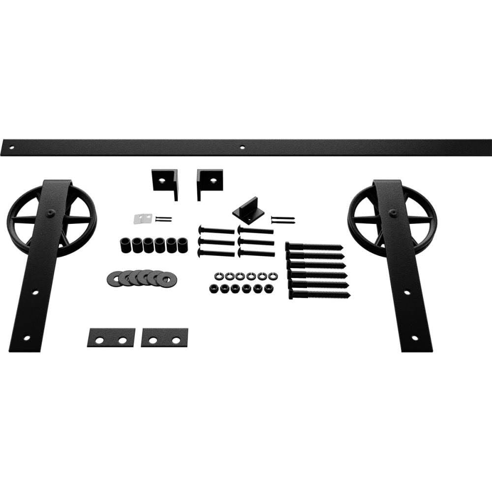 Premium Wagon Wheel Strap Barn Door Hardware Set w/ 7& Track for 1 3/4 inch Doors, Matte Black, Size: Track Length: 84 inch JNH0_I0DGB04