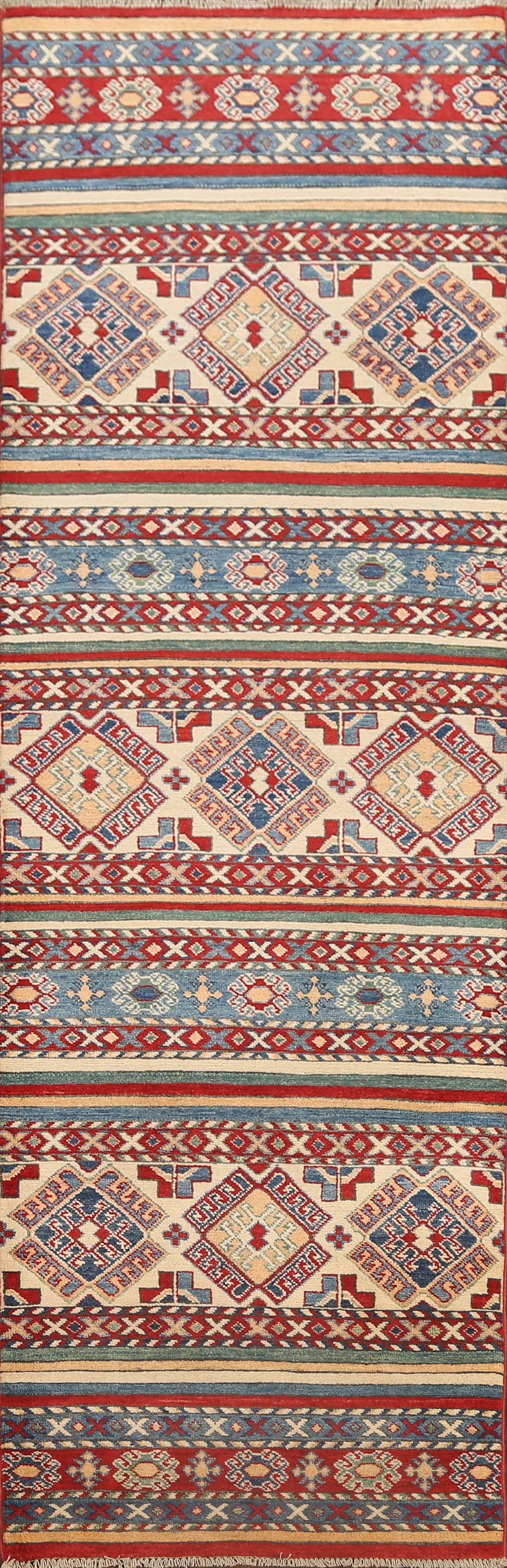 Geometric Kazak Oriental Runner Rug Wool Hand-Knotted Staircase Carpet 3x10 JGB0_C1DNL77