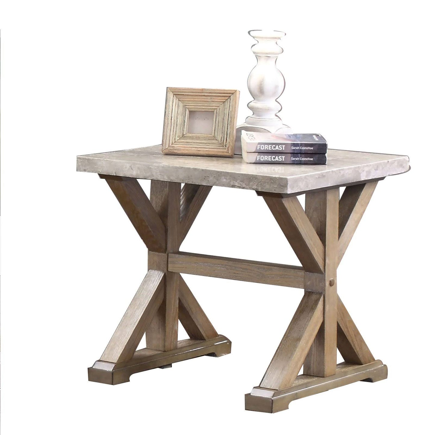 Benzara BM208140 Farmhouse Style End Table with Marble Top and Trestle Base Brown YCT0_R0FRG96