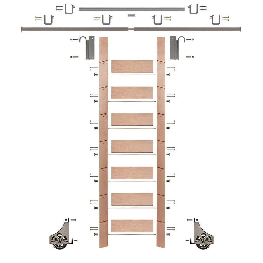 E-Glide 92 in. Un-Finished Red Oak Library Ladder Satin Nickel Sliding Hook Ladder Kit with 12 ft. Rail | EG.300-92RO-12.02 ADH2_Y6PYN24