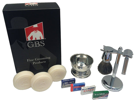 GBS Gift Set - Comes with Gift Box - Merkur 42C Safety Razor, Pure Badger Shaving Brush, Brush and Razor Stand, Chrome Bowl EKO0_Z1GTY93