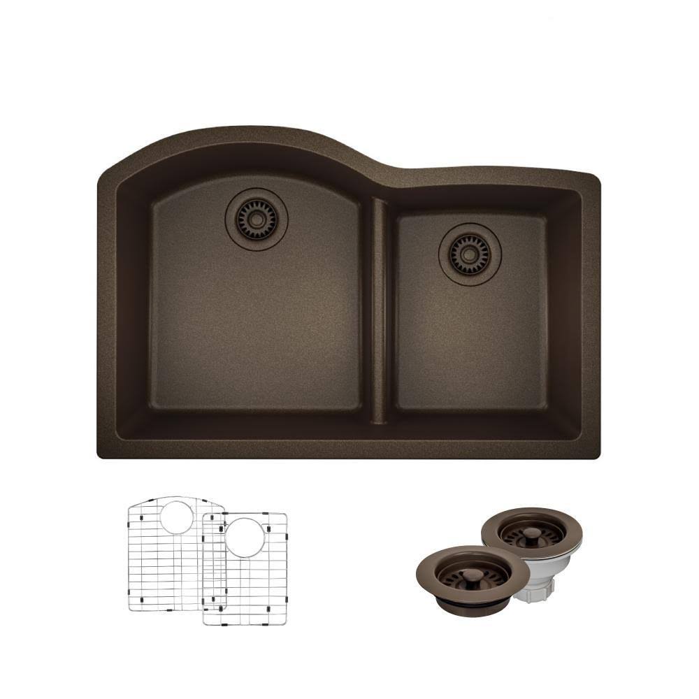 Rene R3-1008-UMB-ST-CGF Umber Double Offset Bowl Low Divide Undermount Composite Granite Sink with Two Grids and Matching Colore XMZ3_Z1BFH27