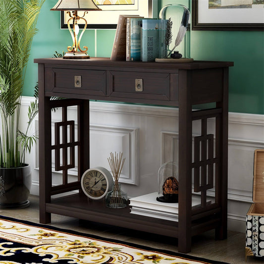 Merax Entryway Accent Console Table with 2 Drawers and Bottom Shelf - Espresso YGJ4_U6IQT04