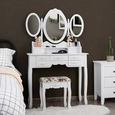 Bigham Vanity Set with Stool and Mirror Rosdorf Park Color: White ASC8_Y8GRN73