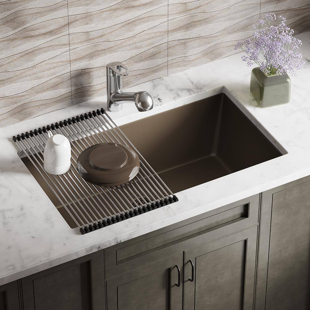 Mr Direct Mocha Quartz Granite 33 in. Single Bowl Undermount Kitchen Sink with Additional Accessories, Brown YRN3_L3TPV99