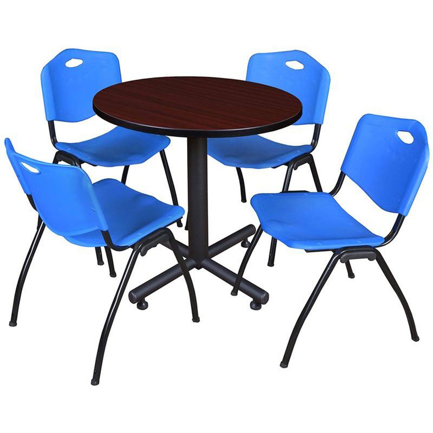 Kobe 30x22 Round Breakroom Table- Mahogany  4 &M& Stack Chairs- Blue AEK1_G6PIT99