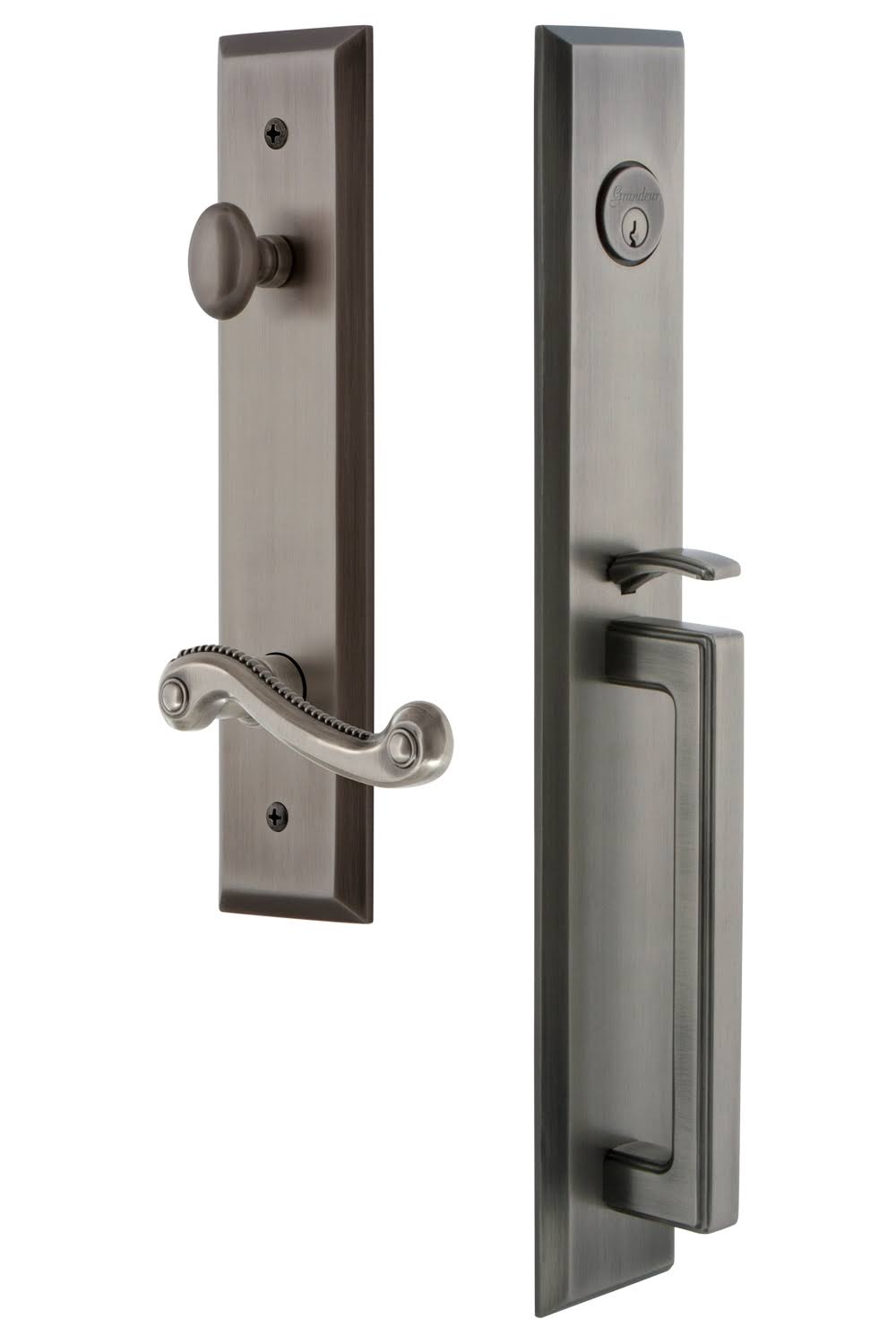 Grandeur Hardware Fifth Avenue One-Piece Dummy Handleset D Grip and Newport Lever in Antique Pewter RWC6_B3QVI17