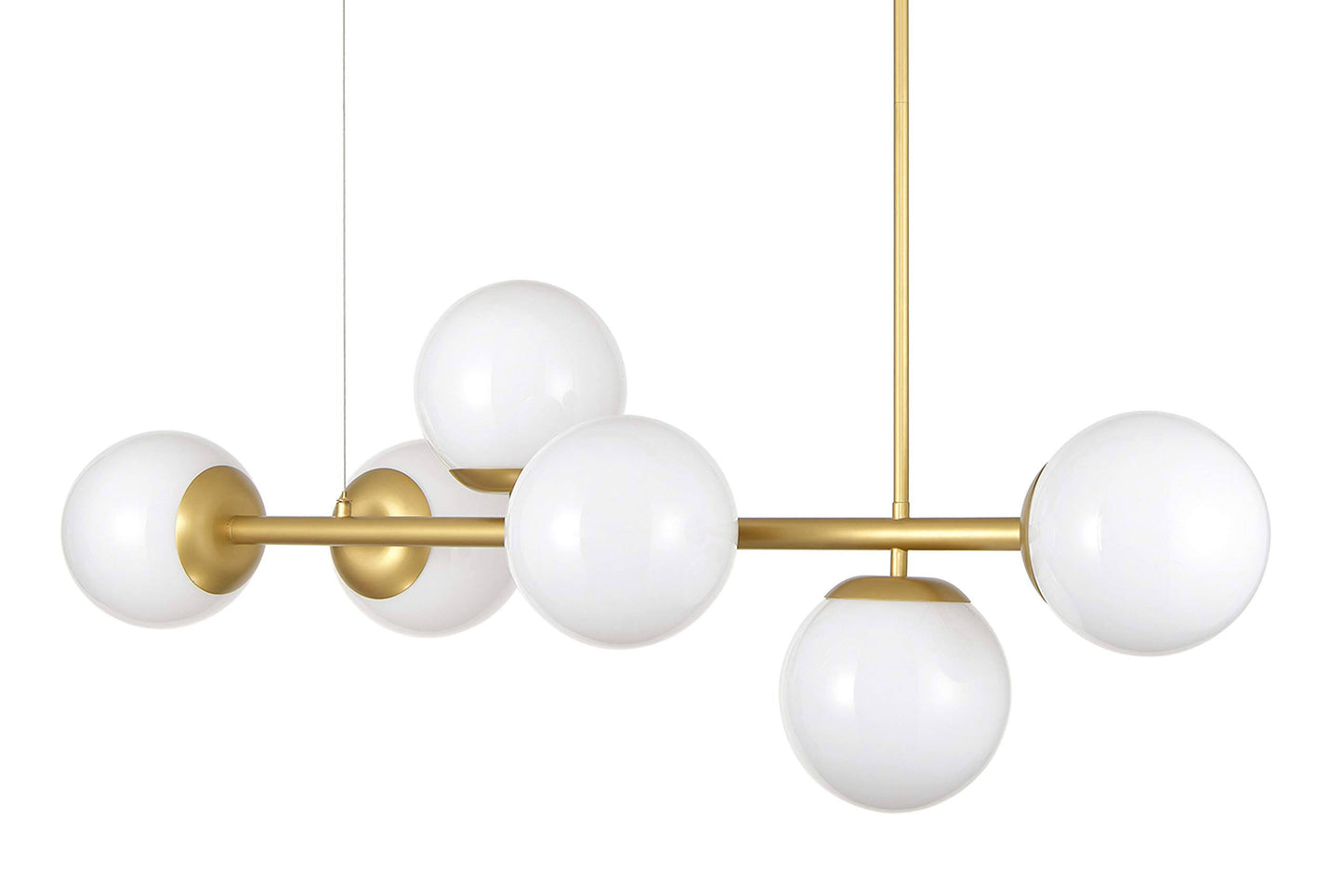 LINEA-LIGHTING Caserti Mid Century Modern Chandelier Island Light - Satin Brass w/ Milk Glass Globes Linear Chandeliers for Dini CLY7_I0UNB19