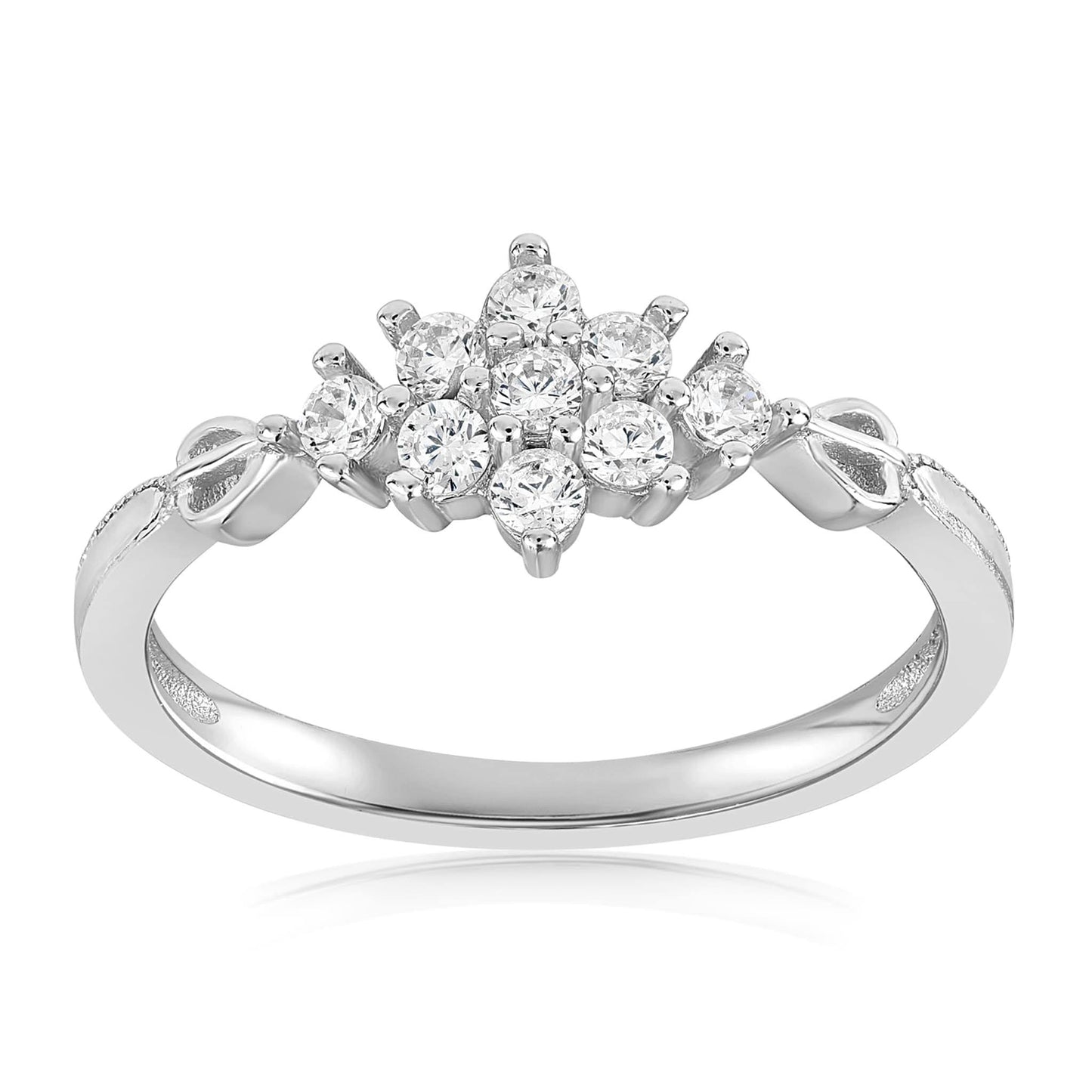 18K Ladies 0.6 Ct. Halo Style CZ Snowflake Ring with A Combined 9 Round Cut Stones, 7 / 925 Sterling Silver DVA8_B9NYJ48