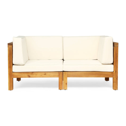 Brava Outdoor 2-Seater Sectional Acacia Wood Loveseat Set with Water-Resistant Cushions by Christopher Knight Home - Teak + Beig XHI4_U2QCC91