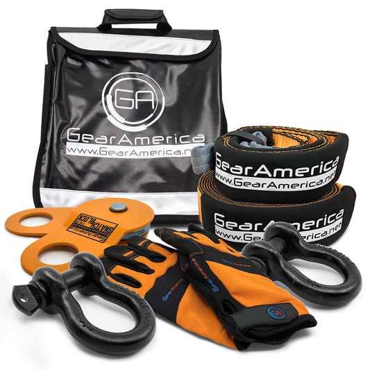 GearAmerica Off-Road Recovery Kit | Tow Strap + Tree Saver + Heavy Duty Snatch Block Pulley + D-Ring Shackles + Winch Line Da XAB1_N1TPY75